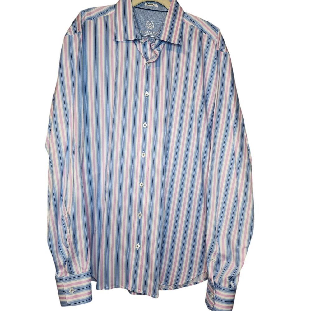 Bugatchi Uomo Mens Striped Long Sleeve Flip Cuff Button Front  Shirt Large